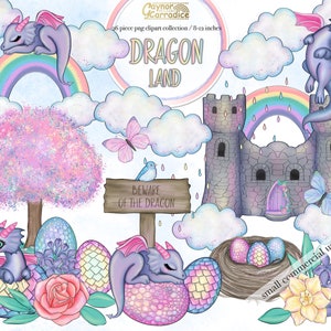 May include: A digital clipart set featuring a whimsical dragon theme. The set includes a castle, rainbow, clouds, a tree, flowers, eggs, and dragons. The text "Dragon Land" is featured in the image. The clipart is perfect for creating invitations, cards, and other crafts.