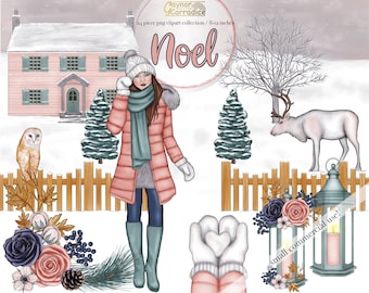 Winter clipart - 24 piece Christmas clip art - watercolor snow graphics - rustic farmhouse images - fashion girl - reindeer, owl, 300dpi png