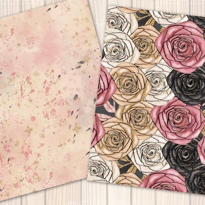 May include: Two digital paper designs featuring a pink, white, and black floral pattern. One design has a watercolor background with pink and gold splatters. The other design has a black background with white and gold accents.