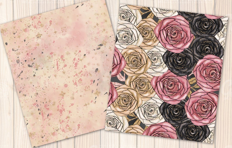 May include: Two digital paper designs featuring a pink, white, and black floral pattern. One design has a watercolor background with pink and gold splatters. The other design has a black background with white and gold accents.