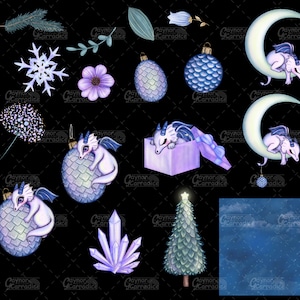 May include: A set of digital illustrations featuring a variety of winter-themed elements, including a snowflake, a crystal, a Christmas tree, a moon, a dragon, and a gift box. The illustrations are in a whimsical style with a blue and purple color scheme.