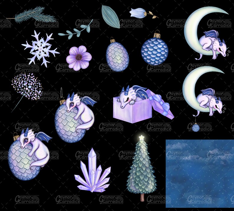 May include: A set of digital illustrations featuring a variety of winter-themed elements, including a snowflake, a crystal, a Christmas tree, a moon, a dragon, and a gift box. The illustrations are in a whimsical style with a blue and purple color scheme.