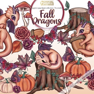 May include: A digital clipart collection of 19 fall-themed illustrations featuring dragons, butterflies, mushrooms, pumpkins, acorns, and leaves. The illustrations are in a whimsical style with a soft color palette of pink, orange, brown, and purple.