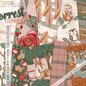 K&ouml;nnte beinhalten: Ein digitales Papierpaket mit 10 nahtlosen Mustern mit Waldtieren, Bl&auml;ttern und floralen Designs. Die Muster sind in Braun-, Gr&uuml;n-, Rosa- und Wei&szlig;t&ouml;nen gehalten. Der Text "Forrest cuties" und "SEAMLESS PATTERN COLLECTION" ist im Bild enthalten.