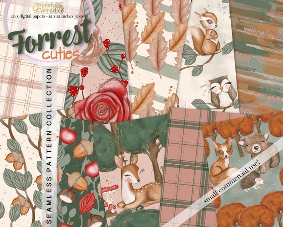 Woodland animals digital papers, Watercolor Autumn seamless patterns, forrest backdrounds, cute backdrops, fall paper pack high quality jpg