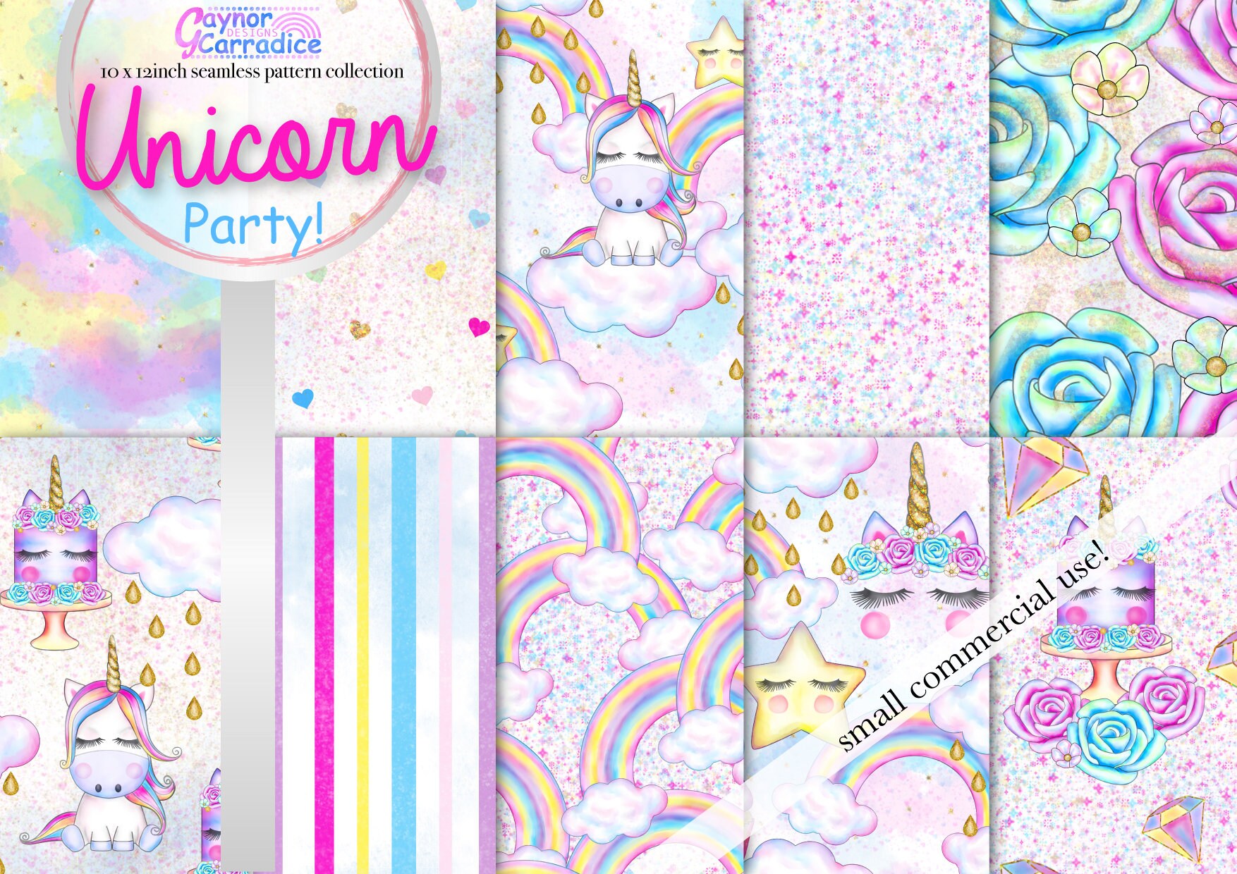 Unicorn Party Digital Papers Set Birthday Seamless Pattern Pack Unicorn ...