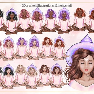 May include: Twenty digital illustrations of witches in various poses, wearing pink dresses and purple witch hats. The witches have different hair colours and styles. The illustrations are 12 inches tall.