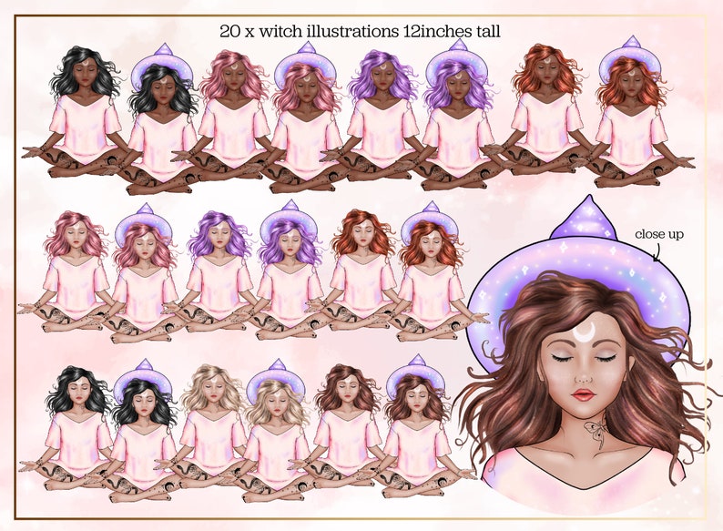 May include: Twenty digital illustrations of witches in various poses, wearing pink dresses and purple witch hats. The witches have different hair colours and styles. The illustrations are 12 inches tall.