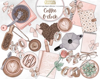 Coffee planner clipart - 30 piece coffee flat lay graphics - watercolor stationery - coffee lover png clipart, girl boss clipart, bow, donut