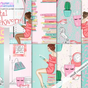 May include: A set of 10 digital paper patterns featuring a bookworm theme. The patterns include illustrations of books, coffee mugs, glasses, a unicorn, a cactus, and a girl reading a book. The patterns are in pink, blue, and white colors.