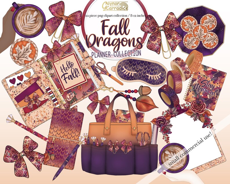 May include: A collection of fall-themed planner stickers and accessories. The stickers feature a variety of designs, including pumpkins, leaves, and acorns. The accessories include a planner, a pen, a cup of coffee, and a pair of scissors. The text "Fall Dragons Planner Collection" is written in gold lettering on a purple background.