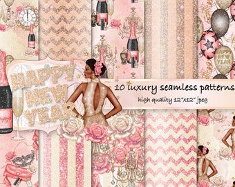 New years eve digital paper Party seamless patterns Rose gold paper pack Fashion glitter backgrounds Scrapbook Paper Glamorous Glam