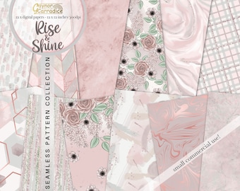 May include: A digital paper pack with 12 seamless patterns in pink, white, and gray. The patterns include floral designs, geometric shapes, and marble textures. The text "Rise & Shine" and "Seamless Pattern Collection" are included in the image.