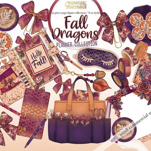 May include: A collection of fall-themed planner stickers and accessories. The stickers feature a variety of designs, including pumpkins, leaves, and acorns. The accessories include a planner, a pen, a coffee cup, and a pair of scissors. The text "Fall Dragons Planner Collection" is written in gold lettering on a purple background.