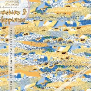 Könnte beinhalten: Ein nahtloses Muster mit gelben Sonnenblumen, blauen und gelben Pinselstrichen und einem Wabenmuster. Der Hintergrund ist eine Mischung aus Weiß, Gelb und Blau. Der Text "Sunshine & Happiness" ist in fetter, schwarzer Schrift geschrieben.
