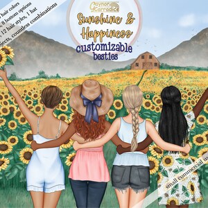 Summer besties customizable girls - best friends clipart, sunflower field BFF clip art, customisable clipart custom besties sisters clip art