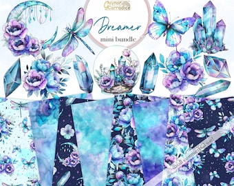 Bundle de cliparts rêveur, clipart mystique, clipart scrapbooking libellule, clipart lune, clipart cristal, clipart pivoine violet
