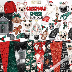 May include: A digital clipart bundle featuring a spooky Christmas theme. The bundle includes images of ghosts, skulls, skeletons, a gingerbread man, a cat, a Christmas tree, a tombstone, a candle, a candy cane, a mistletoe, a sweater, and a variety of patterns. The text "Creepmas Cheer Bundle" is featured in the image.