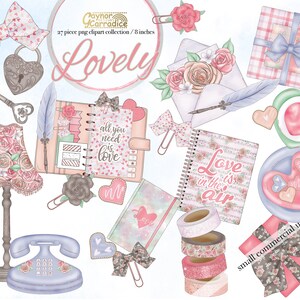 May include: A set of 27 digital clipart images featuring a romantic theme with illustrations of a vintage phone, a lamp, a lock and key, a journal, a gift box, a cup of tea, washi tape, and flowers. The text "Lovely" and "Love is in the air" are included in the design. The clipart is for small commercial use.