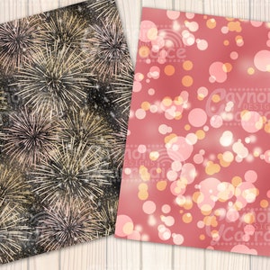 May include: Two digital paper patterns, one with a black background and gold and pink fireworks, and the other with a pink background and white and gold circles.