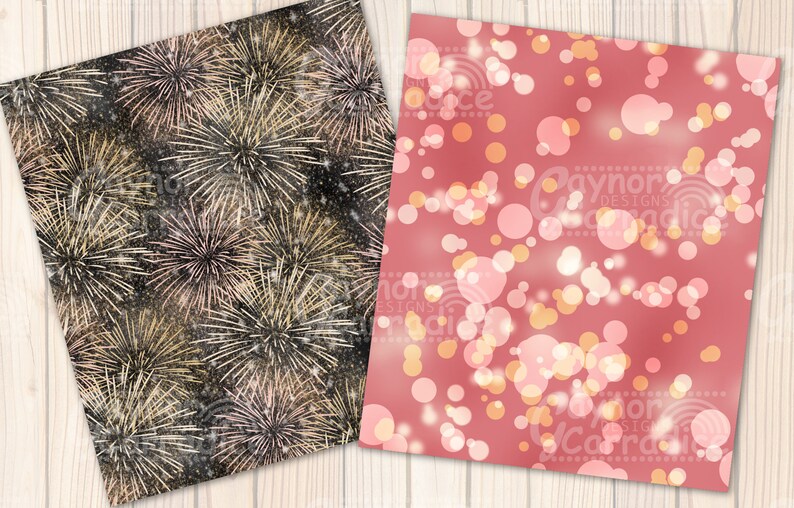 May include: Two digital paper patterns, one with a black background and gold and pink fireworks, and the other with a pink background and white and gold circles.