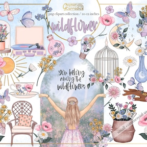 Wildflower clipart - 44 piece boho wildflower planner clipart - spring planner clipart - wildflower fields clipart - celestial png elements
