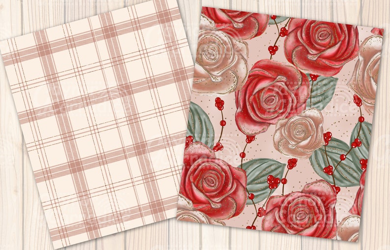 K&ouml;nnte beinhalten: Zwei nahtlose Muster, eines mit einem rot-wei&szlig; karierten Design und das andere mit roten und wei&szlig;en Rosen auf rosa Hintergrund.