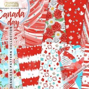 1st of July digital papers - 12 watercolor Canada Day seamless patterns, first of July paper, abstract background, red and white backgrounds