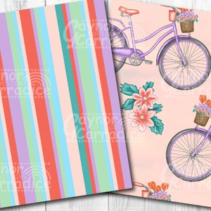May include: Two digital paper designs. One design features a pink, blue, and green striped pattern. The other design features a light pink background with purple bicycles with baskets of flowers.