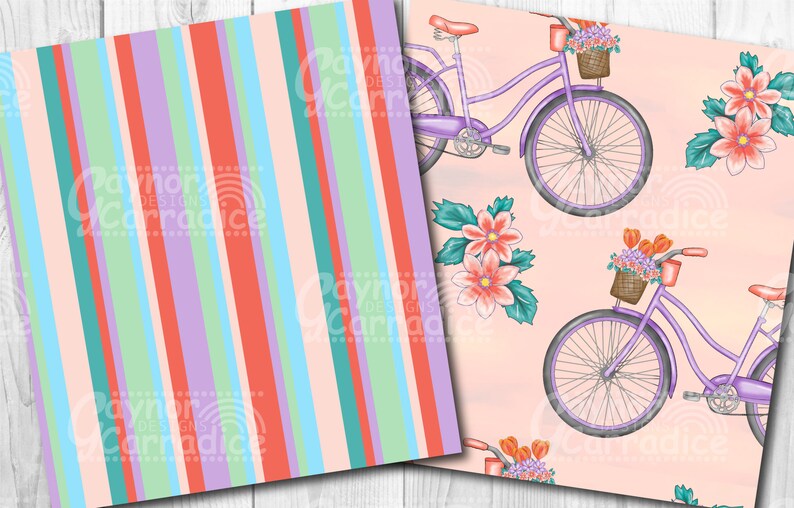 May include: Two digital paper designs. One design features a pink, blue, and green striped pattern. The other design features a light pink background with purple bicycles with baskets of flowers.