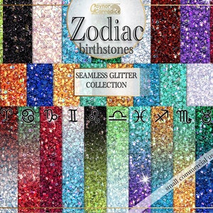 Zodiac glitter digital papers - 31 glitter seamless patterns, ombre glitter backgrounds, Birth stones realistic glitter, outer space glitter