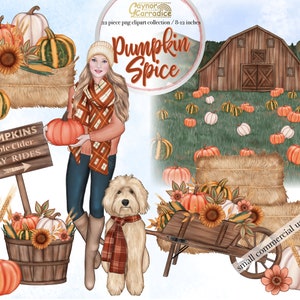 May include: A digital clipart collection featuring fall-themed illustrations. The collection includes a woman in a plaid scarf and boots, a dog, a wheelbarrow full of pumpkins, a barn, and a sign that reads "PUMPKINS Apple Cider HAY RIDES".