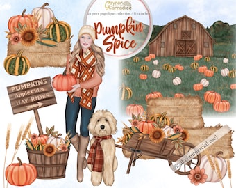 Autumn clipart - 22 piece fall planner clip art - watercolor pumpkin graphics - rustic thanksgiving images - fashion girl - 300dpi png