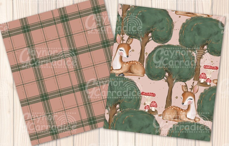 K&ouml;nnte beinhalten: Ein digitales Papierpaket mit zwei Designs. Das erste Design ist ein pink-gr&uuml;nes Karomuster. Das zweite Design zeigt ein sich wiederholendes Muster eines liegenden Rehs in einem Wald mit gr&uuml;nen B&auml;umen und roten Pilzen.