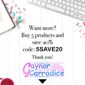 May include: A white wooden background with a watercolor illustration of a mermaid, a keyboard, gold paper clips, scissors, and a colorful patterned notebook. The text reads "Want more? Buy 5 products and save 20% code: 5SAVE20 Thank you! Paynor Carradice Designs"