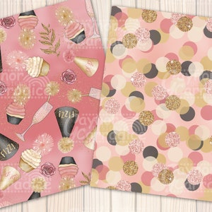 May include: Two digital paper patterns featuring a pink background with gold glitter accents. The first pattern includes party hats, cupcakes, champagne flutes, and fireworks. The second pattern features a confetti design with gold, pink, and black circles.