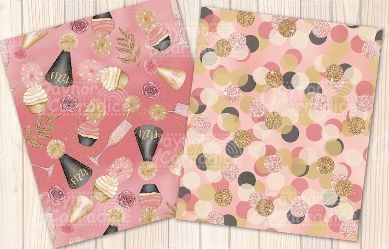 May include: Two digital paper patterns featuring a pink background with gold glitter accents. The first pattern includes party hats, cupcakes, champagne flutes, and fireworks. The second pattern features a confetti design with gold, pink, and black circles.