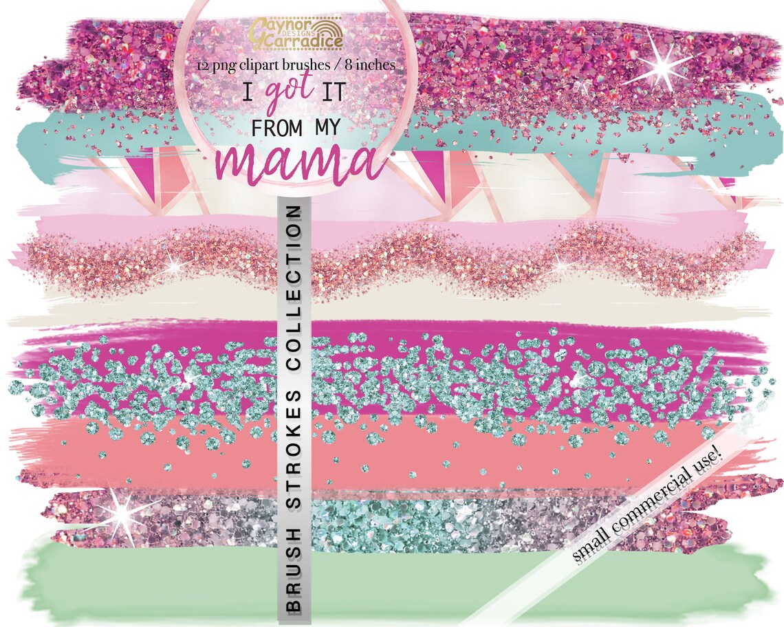 Pink and Mint Brush Strokes Clipart - Glitter Paint Strokes Clipart ...