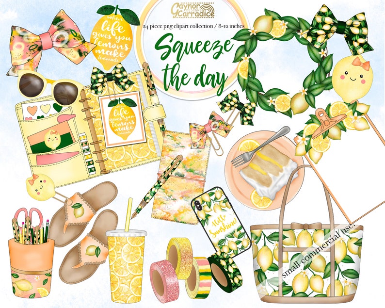 yellow stationery graphics bow clip flatlay 24 piece lemon clipart Summer planner clipart cake phone washi tape high quality png