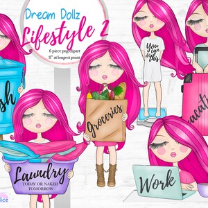 May include: A set of 6 digital clipart images featuring a pink-haired cartoon woman in various activities, including taking out the trash, doing laundry, grocery shopping, weighing herself, working on a laptop, and packing a suitcase. The text "Dream Dollz Lifestyle 2" is at the top of the image.