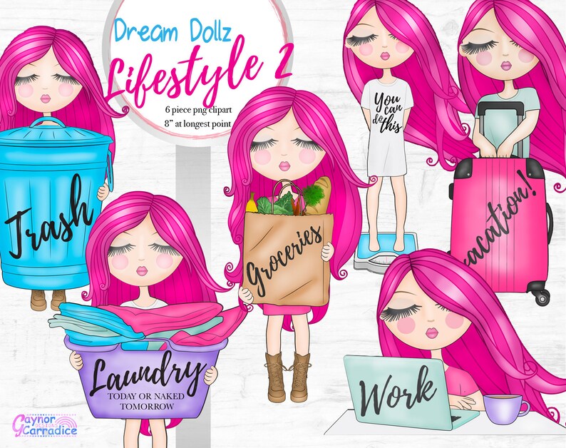 May include: A set of 6 digital clipart images featuring a pink-haired cartoon woman in various activities, including taking out the trash, doing laundry, grocery shopping, weighing herself, working on a laptop, and packing a suitcase. The text "Dream Dollz Lifestyle 2" is at the top of the image.