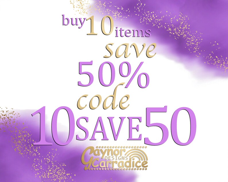 K&ouml;nnte beinhalten: Lila und goldene Grafik mit dem Text "buy 10 items save 50% code 10SAVE50" und dem Text "Paynor Designs Carradice" in einem Kreis.