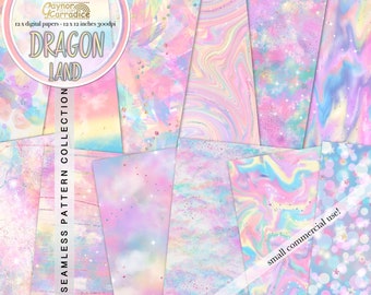 Dragon Land - 12 watercolor digital papers - pretty pastel iridescent seamless patterns - abstract backgrounds - magical sky backdrops