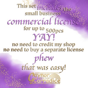 May include: Purple and gold graphic with text that reads "This set includes the small business commercial license for up to 500pcs YAY! no need to credit my shop no need to buy a separate license phew that was easy!" with the text "Paynor Carradice Designs" at the bottom.