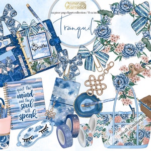 May include: A set of 22 digital clipart images featuring a blue and white colour scheme. The images include a planner, a notebook, a tote bag, a sleep mask, washi tape, a pen, a pencil, a pair of scissors, a flower wreath, a bow, a paperclip, a key chain, a quote about quietness, and a blue and white agate slice. The images are perfect for creating digital planners, journals, and other digital projects.