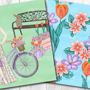 May include: A woman in a floral dress and a straw hat rides a purple bicycle with a basket of flowers. The background is a green and blue floral pattern.