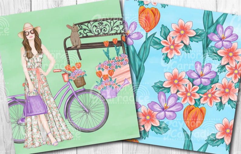 May include: A woman in a floral dress and a straw hat rides a purple bicycle with a basket of flowers. The background is a green and blue floral pattern.