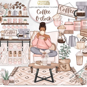 May include: A digital clipart collection of coffee-themed illustrations, including a woman sitting on a couch with a cup of coffee, a coffee shop counter with coffee mugs, a coffee pot, and a coffee cake. The illustrations are in a soft, pastel color palette and feature a whimsical, cozy aesthetic.