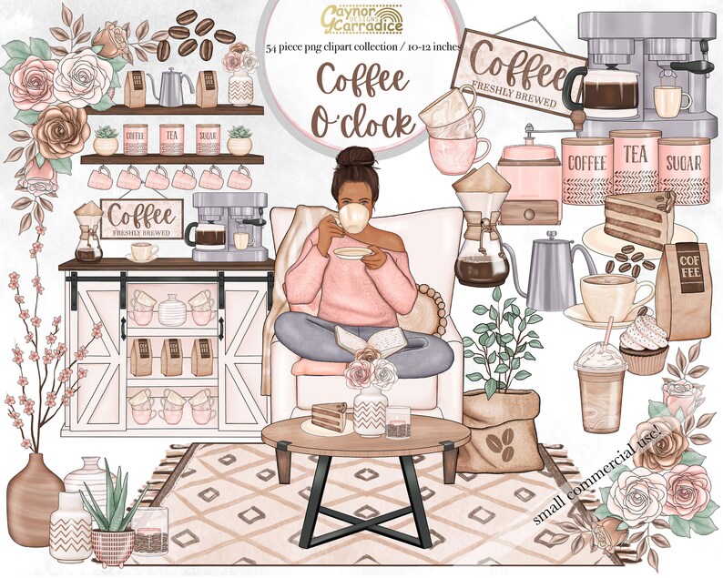 May include: A digital clipart collection of coffee-themed illustrations, including a woman sitting on a couch with a cup of coffee, a coffee shop counter with coffee mugs, a coffee pot, and a coffee cake. The illustrations are in a soft, pastel color palette and feature a whimsical, cozy aesthetic.