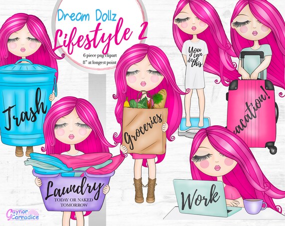 Pink hair doll clipart Cute girl clip art Planner icon stickers Daily task chores png graphics Trash Laundry Vacation Shopping Weight loss